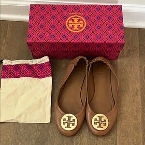 Tory Burch Tan Ballet Flats with Logo with original box and dust bag.